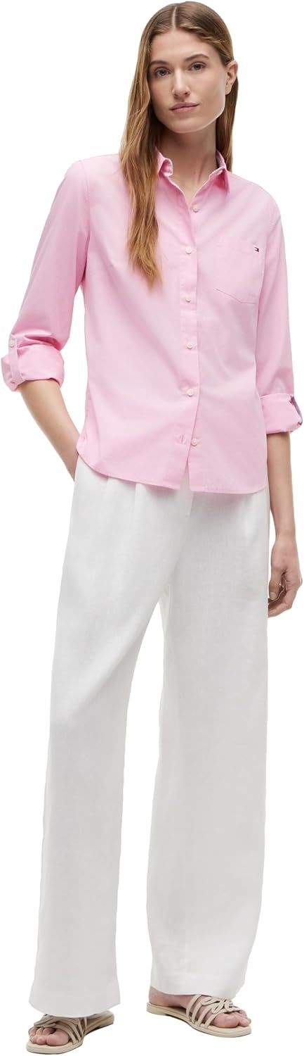 image:imageTommy Hilfiger Womens Cotton Poplin Long Sleeve Button Down Shirt in Regular Fit with Roll Up SleeveClassic Pink