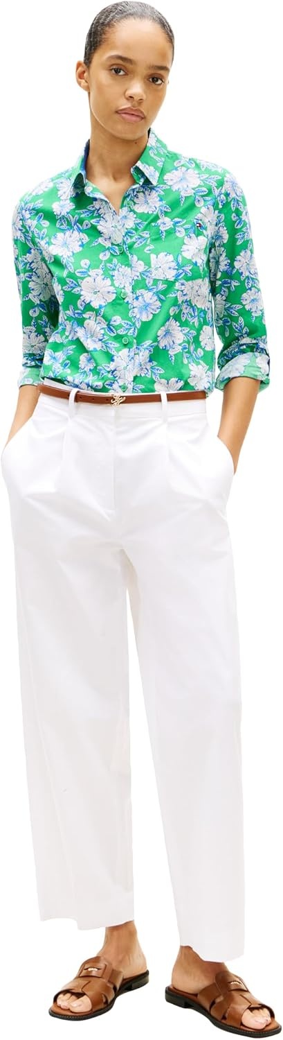 image:imageTommy Hilfiger Womens Cotton Poplin Long Sleeve Button Down Shirt in Regular Fit with Roll Up SleeveDense Hibiscus Jade Wink
