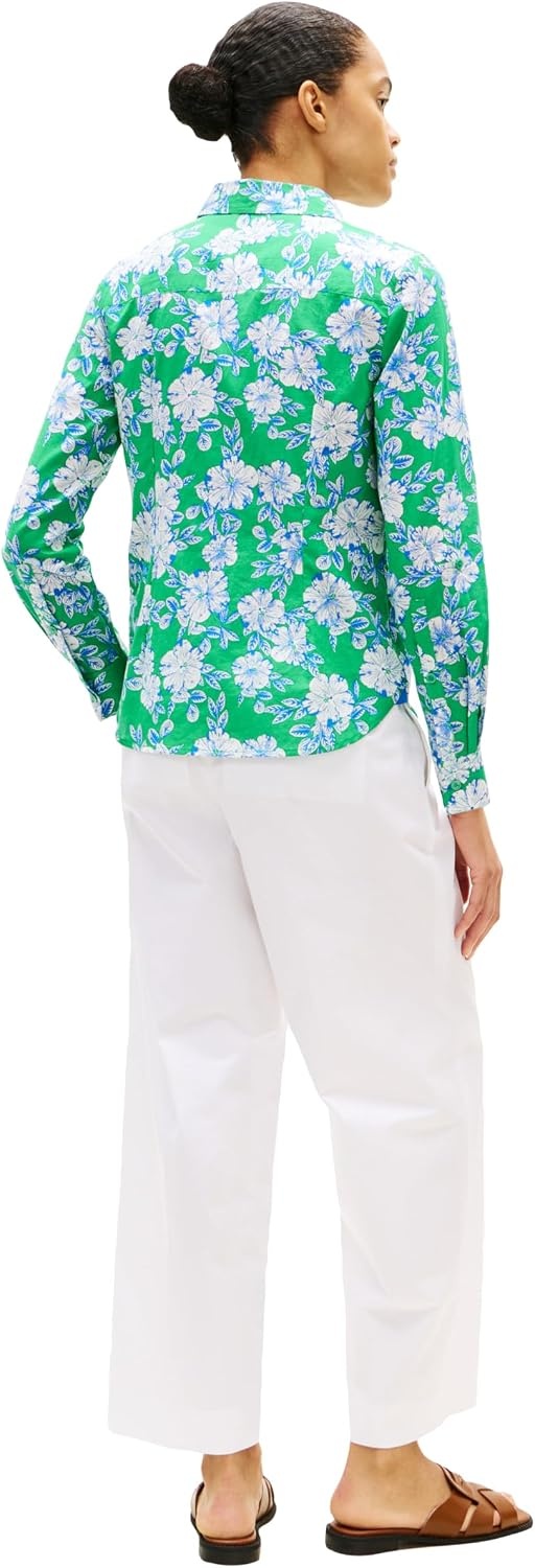 image:imageTommy Hilfiger Womens Cotton Poplin Long Sleeve Button Down Shirt in Regular Fit with Roll Up SleeveDense Hibiscus Jade Wink