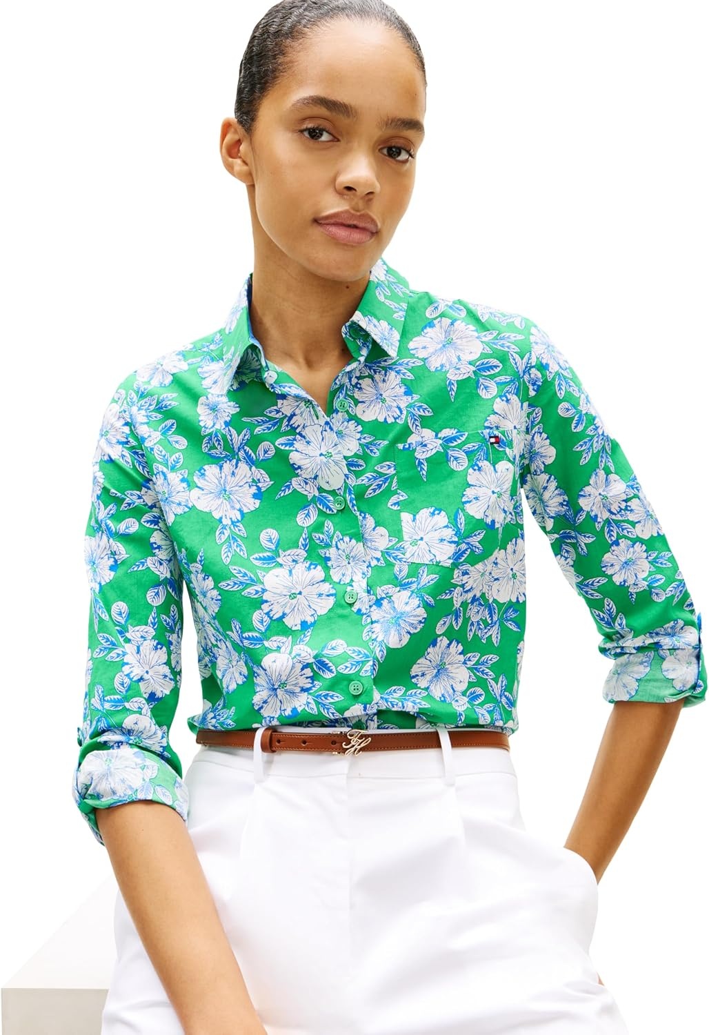 image:imageTommy Hilfiger Womens Cotton Poplin Long Sleeve Button Down Shirt in Regular Fit with Roll Up SleeveDense Hibiscus Jade Wink