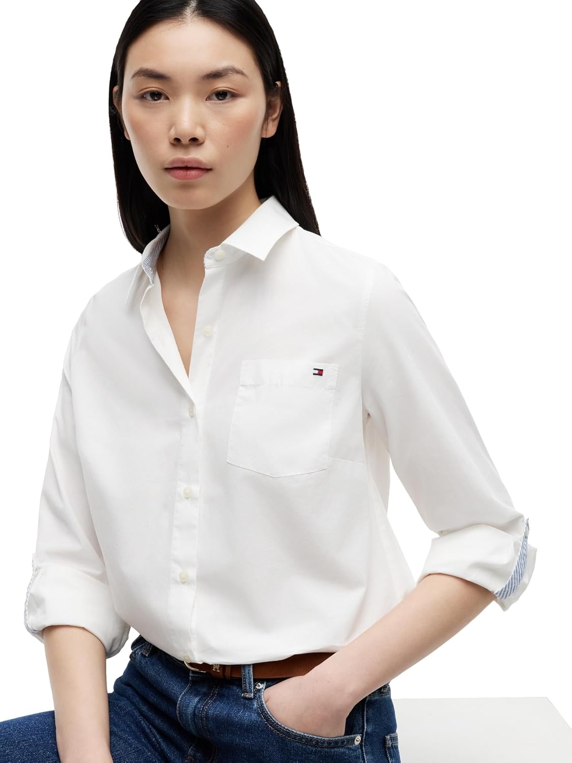 image:imageTommy Hilfiger Womens Cotton Poplin Long Sleeve Button Down Shirt in Regular Fit with Roll Up SleeveEcru