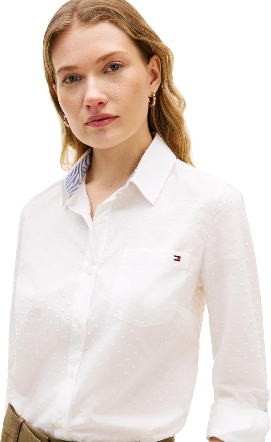 image:imageTommy Hilfiger Womens Cotton Poplin Long Sleeve Button Down Shirt in Regular Fit with Roll Up SleeveEcruDot