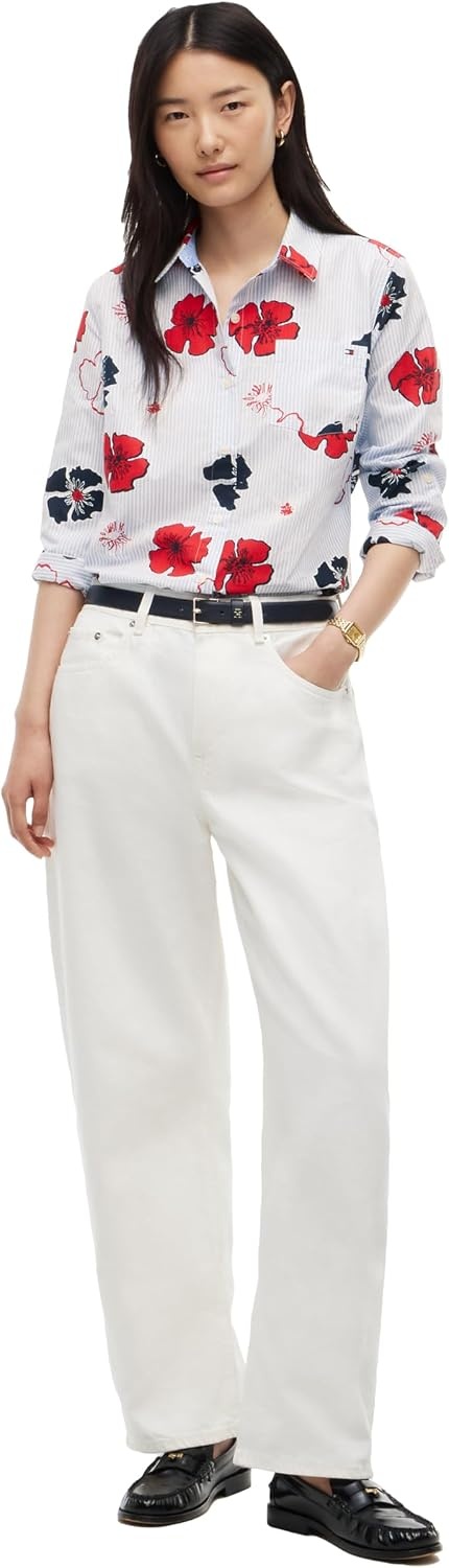 image:imageTommy Hilfiger Womens Cotton Poplin Long Sleeve Button Down Shirt in Regular Fit with Roll Up SleeveIthaca Poppy Print