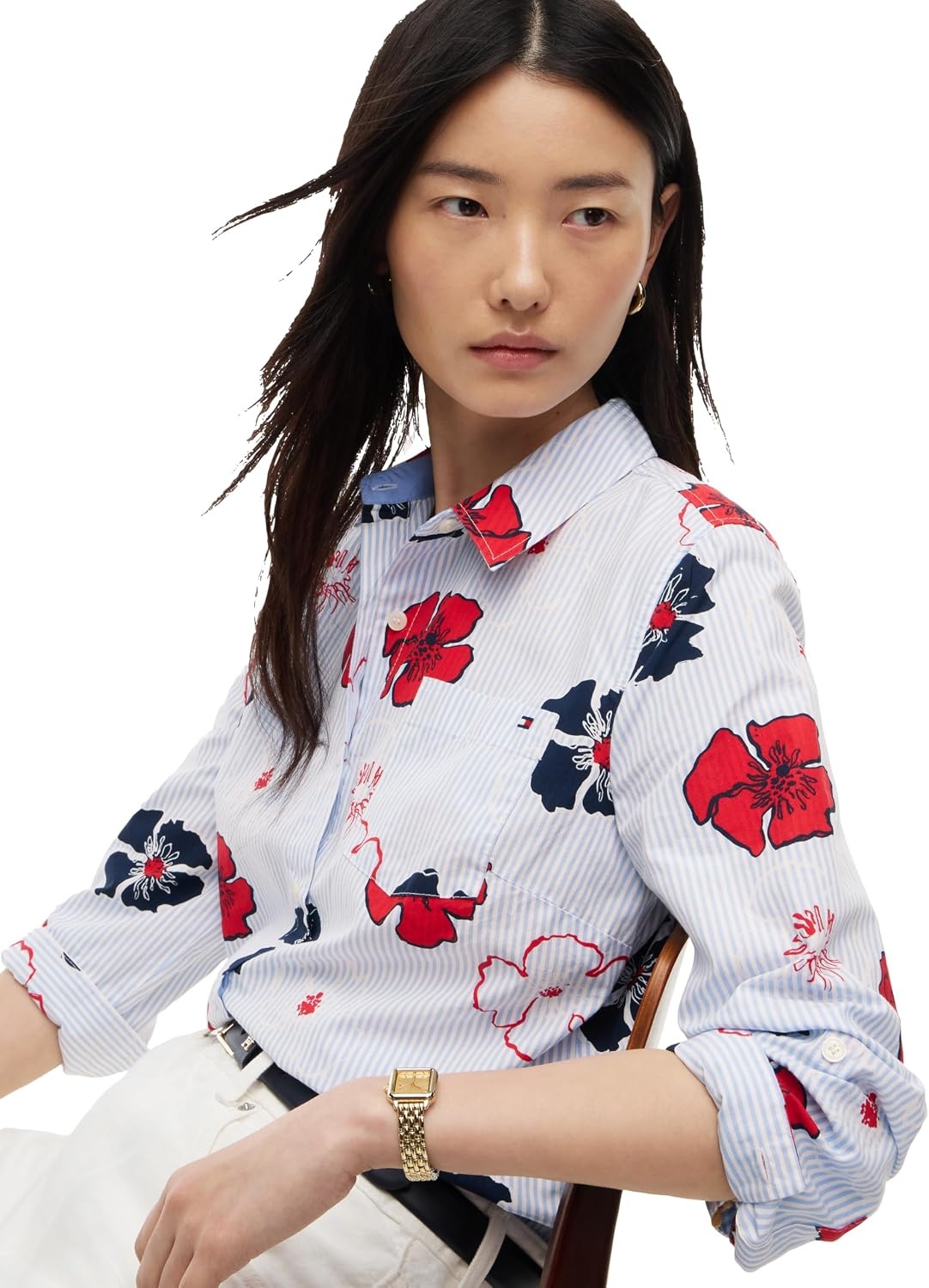 image:imageTommy Hilfiger Womens Cotton Poplin Long Sleeve Button Down Shirt in Regular Fit with Roll Up SleeveIthaca Poppy Print