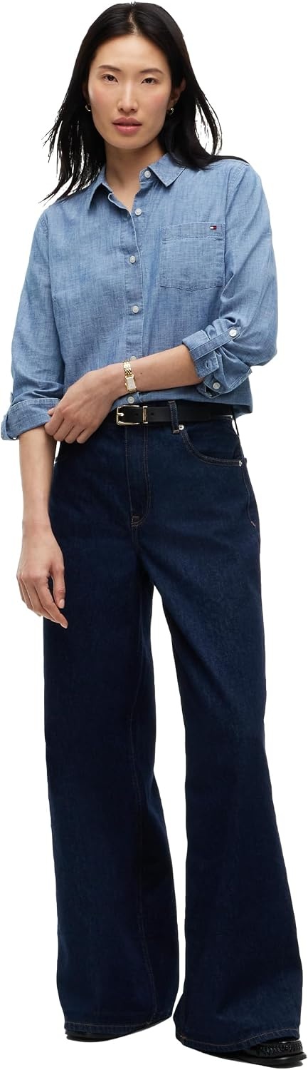 image:imageTommy Hilfiger Womens Cotton Poplin Long Sleeve Button Down Shirt in Regular Fit with Roll Up SleeveMid Blue