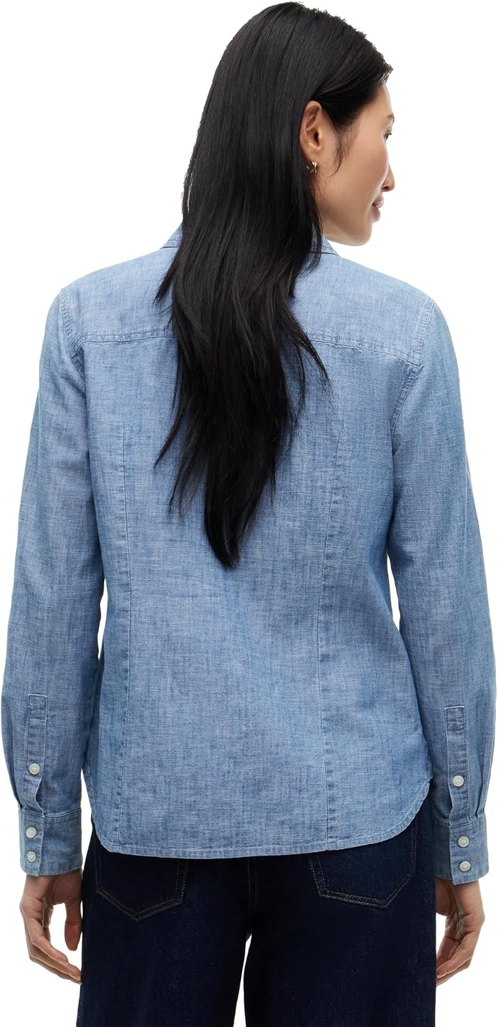 image:imageTommy Hilfiger Womens Cotton Poplin Long Sleeve Button Down Shirt in Regular Fit with Roll Up SleeveMid Blue