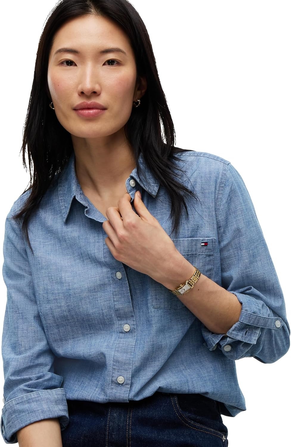 image:imageTommy Hilfiger Womens Cotton Poplin Long Sleeve Button Down Shirt in Regular Fit with Roll Up SleeveMid Blue