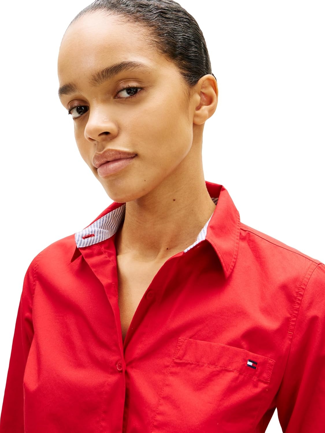 image:imageTommy Hilfiger Womens Cotton Poplin Long Sleeve Button Down Shirt in Regular Fit with Roll Up SleevePrimary Red