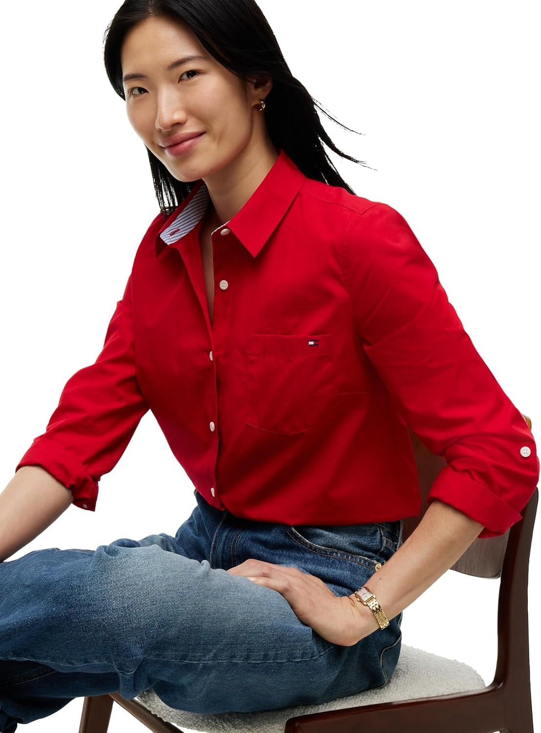 image:imageTommy Hilfiger Womens Cotton Poplin Long Sleeve Button Down Shirt in Regular Fit with Roll Up SleevePrimary Red