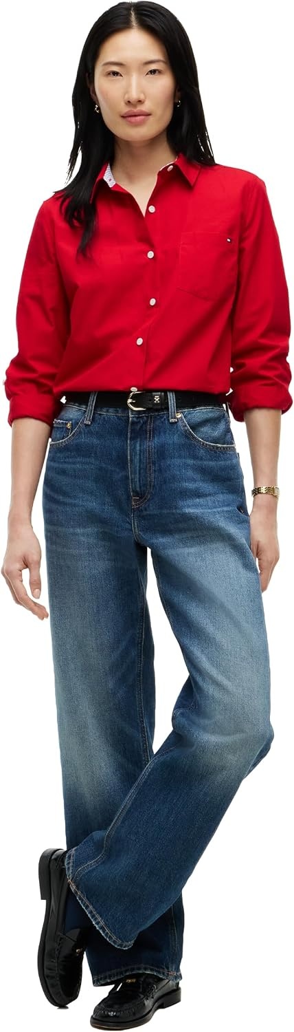 image:imageTommy Hilfiger Womens Cotton Poplin Long Sleeve Button Down Shirt in Regular Fit with Roll Up SleevePrimary Red