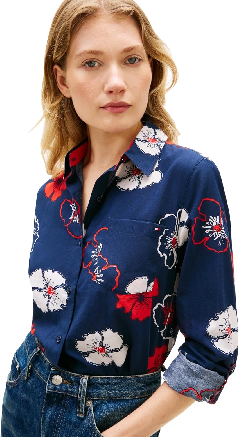 image:imageTommy Hilfiger Womens Cotton Poplin Long Sleeve Button Down Shirt in Regular Fit with Roll Up SleeveSolid Poppy Dark Night Navy