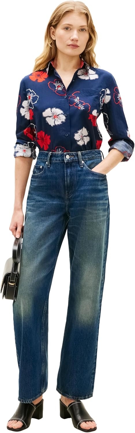 image:imageTommy Hilfiger Womens Cotton Poplin Long Sleeve Button Down Shirt in Regular Fit with Roll Up SleeveSolid Poppy Dark Night Navy