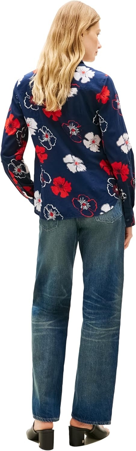 image:imageTommy Hilfiger Womens Cotton Poplin Long Sleeve Button Down Shirt in Regular Fit with Roll Up SleeveSolid Poppy Dark Night Navy