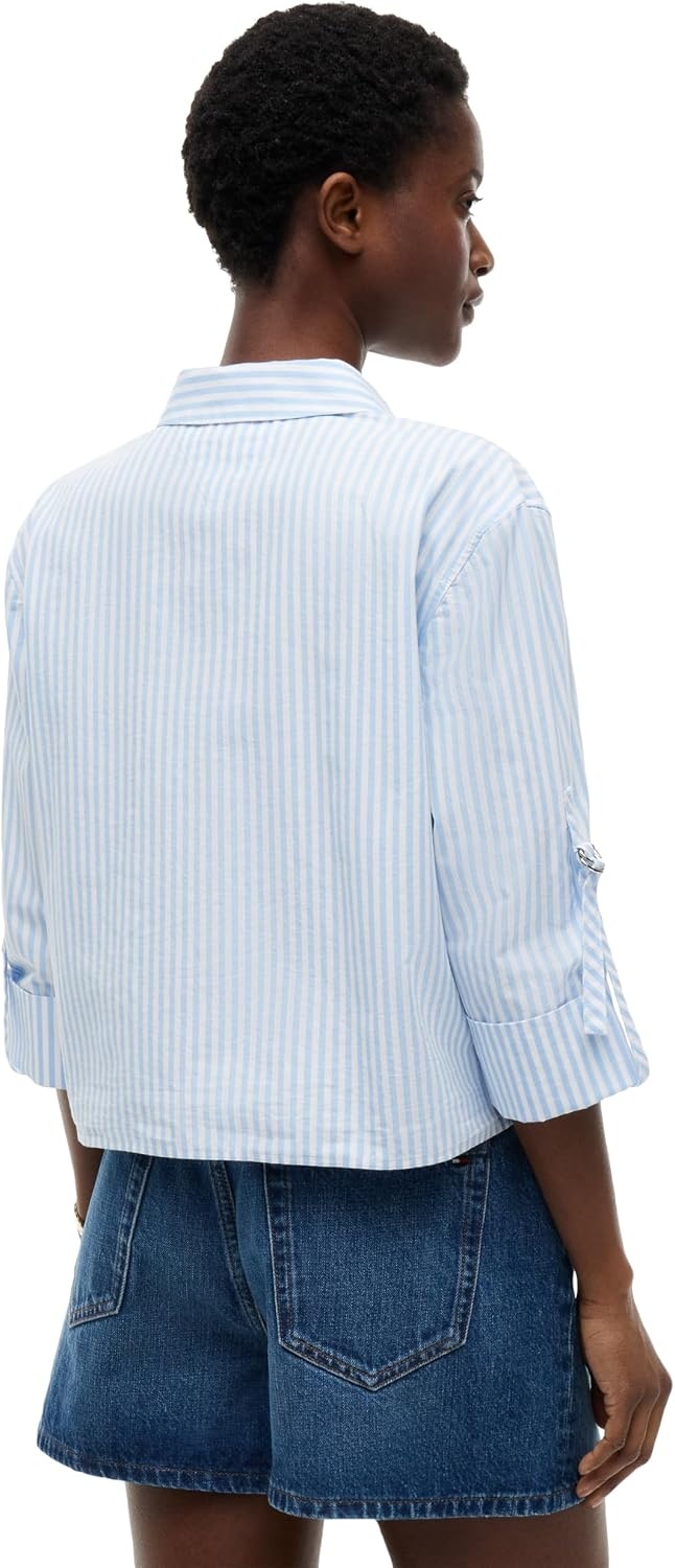 image:imageTommy Hilfiger Womens Cotton Poplin Long Sleeve Cropped Button Down Shirt in Regular Fit with Roll Up SleeveBanker Stripe WhiteVessel Blue