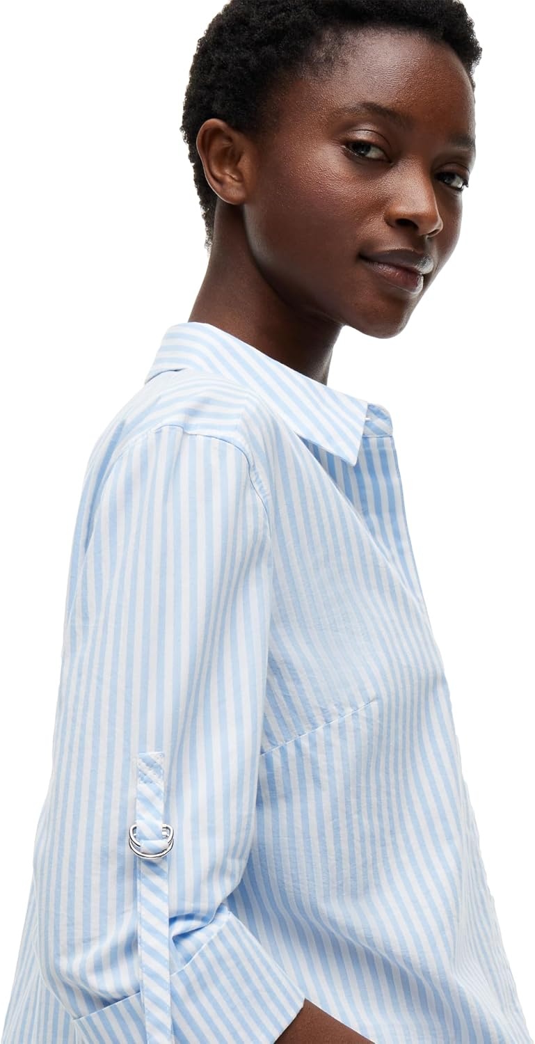 image:imageTommy Hilfiger Womens Cotton Poplin Long Sleeve Cropped Button Down Shirt in Regular Fit with Roll Up SleeveBanker Stripe WhiteVessel Blue