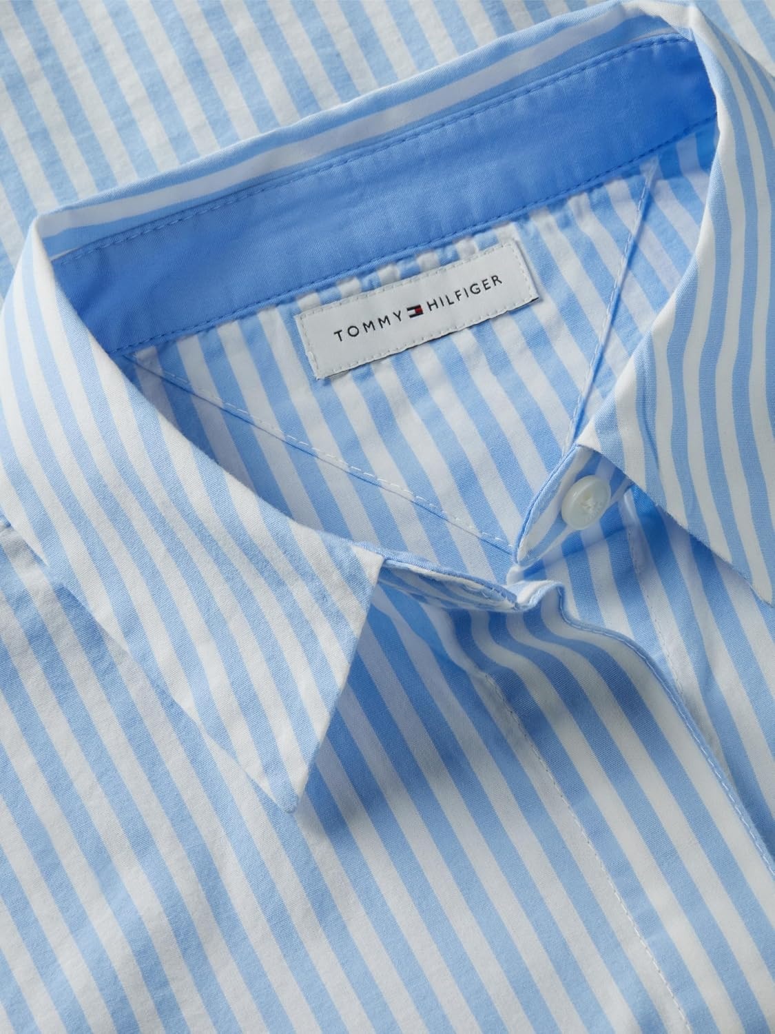 image:imageTommy Hilfiger Womens Cotton Poplin Long Sleeve Cropped Button Down Shirt in Regular Fit with Roll Up SleeveBanker Stripe WhiteVessel Blue