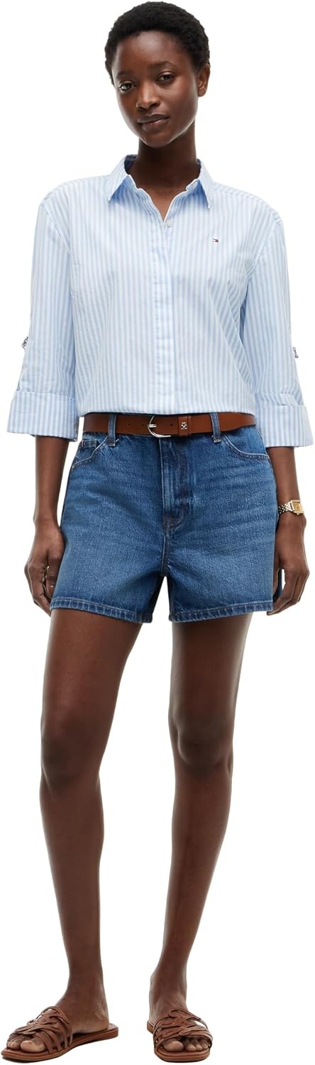 image:imageTommy Hilfiger Womens Cotton Poplin Long Sleeve Cropped Button Down Shirt in Regular Fit with Roll Up SleeveBanker Stripe WhiteVessel Blue