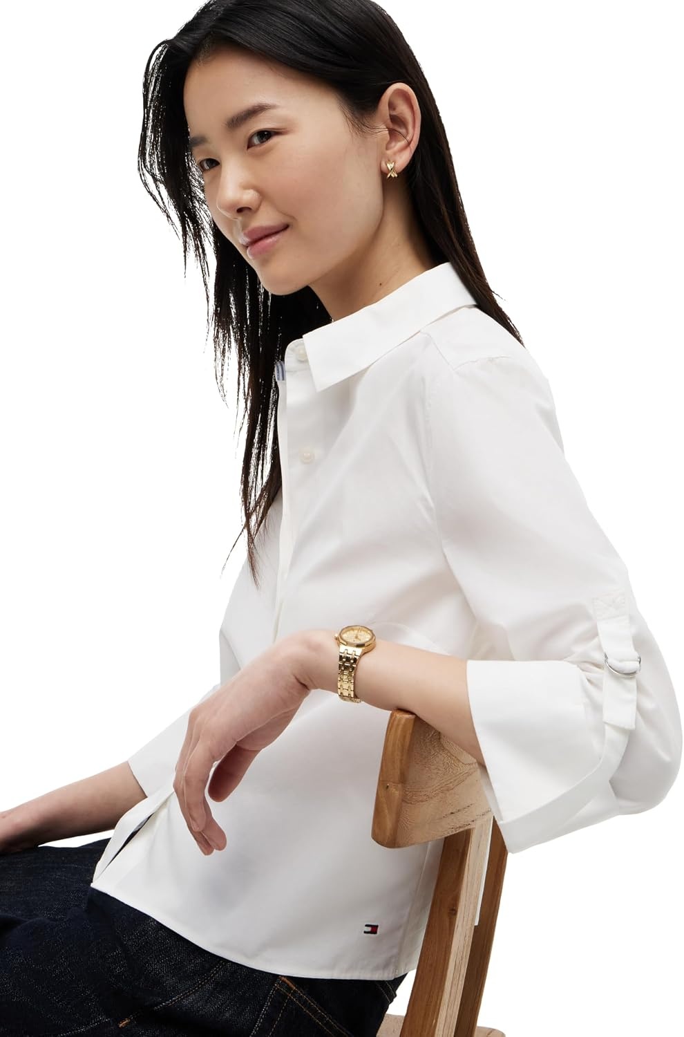 image:imageTommy Hilfiger Womens Cotton Poplin Long Sleeve Cropped Button Down Shirt in Regular Fit with Roll Up SleeveEcru