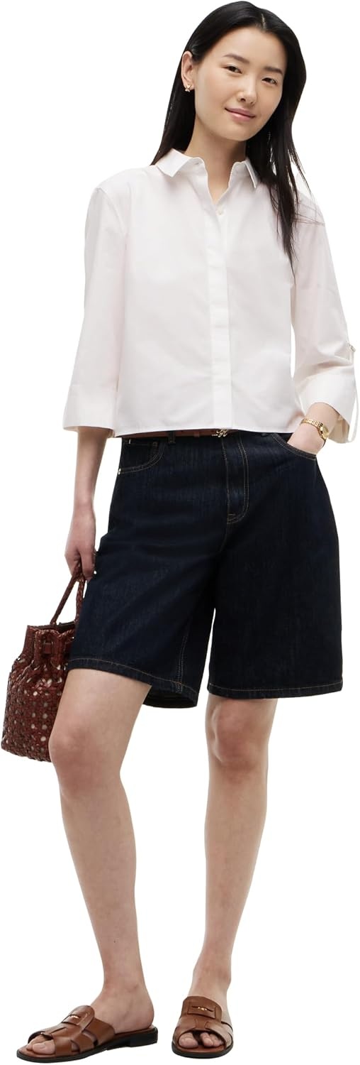 image:imageTommy Hilfiger Womens Cotton Poplin Long Sleeve Cropped Button Down Shirt in Regular Fit with Roll Up SleeveEcru