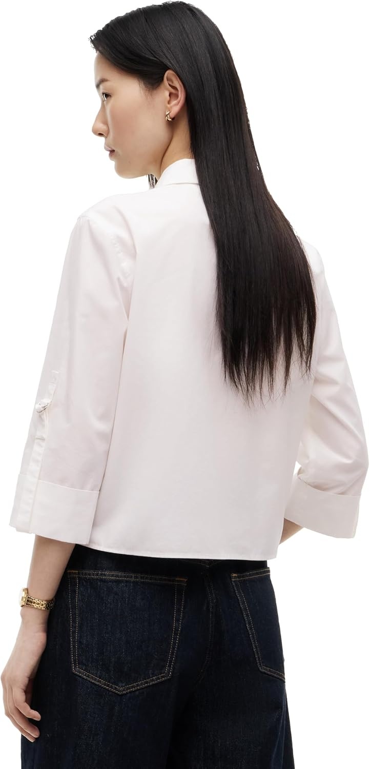 image:imageTommy Hilfiger Womens Cotton Poplin Long Sleeve Cropped Button Down Shirt in Regular Fit with Roll Up SleeveEcru