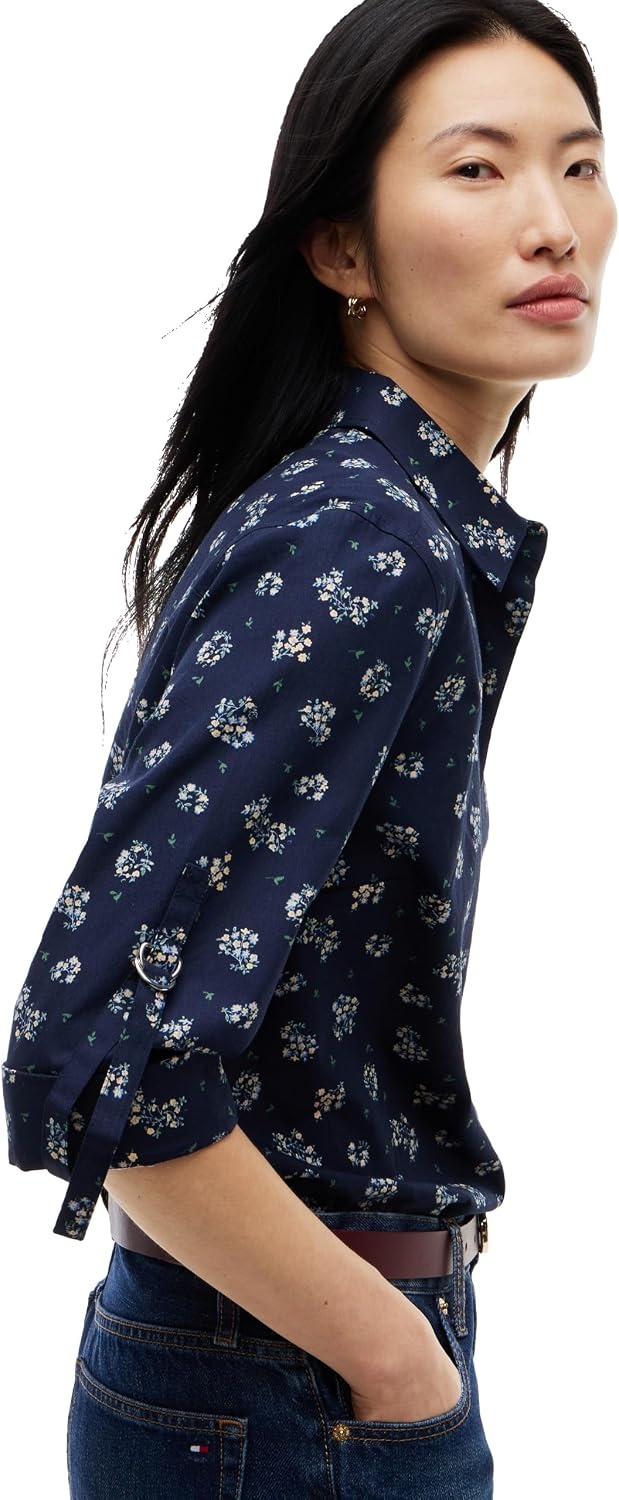 image:imageTommy Hilfiger Womens Cotton Poplin Long Sleeve Cropped Button Down Shirt in Regular Fit with Roll Up SleeveTraditional Floral Dark Blue