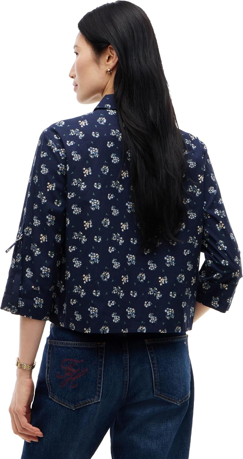 image:imageTommy Hilfiger Womens Cotton Poplin Long Sleeve Cropped Button Down Shirt in Regular Fit with Roll Up SleeveTraditional Floral Dark Blue