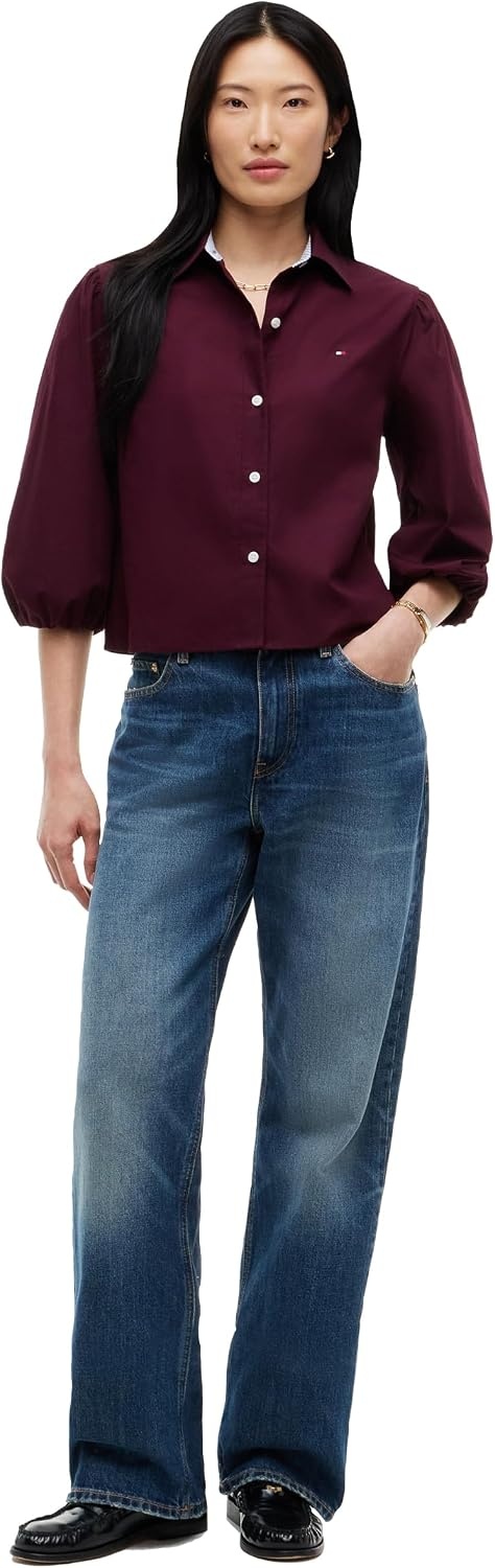 image:imageTommy Hilfiger Womens Cotton Poplin Puff Sleeve Button Down Shirt in Regular FitDeep Burgundy