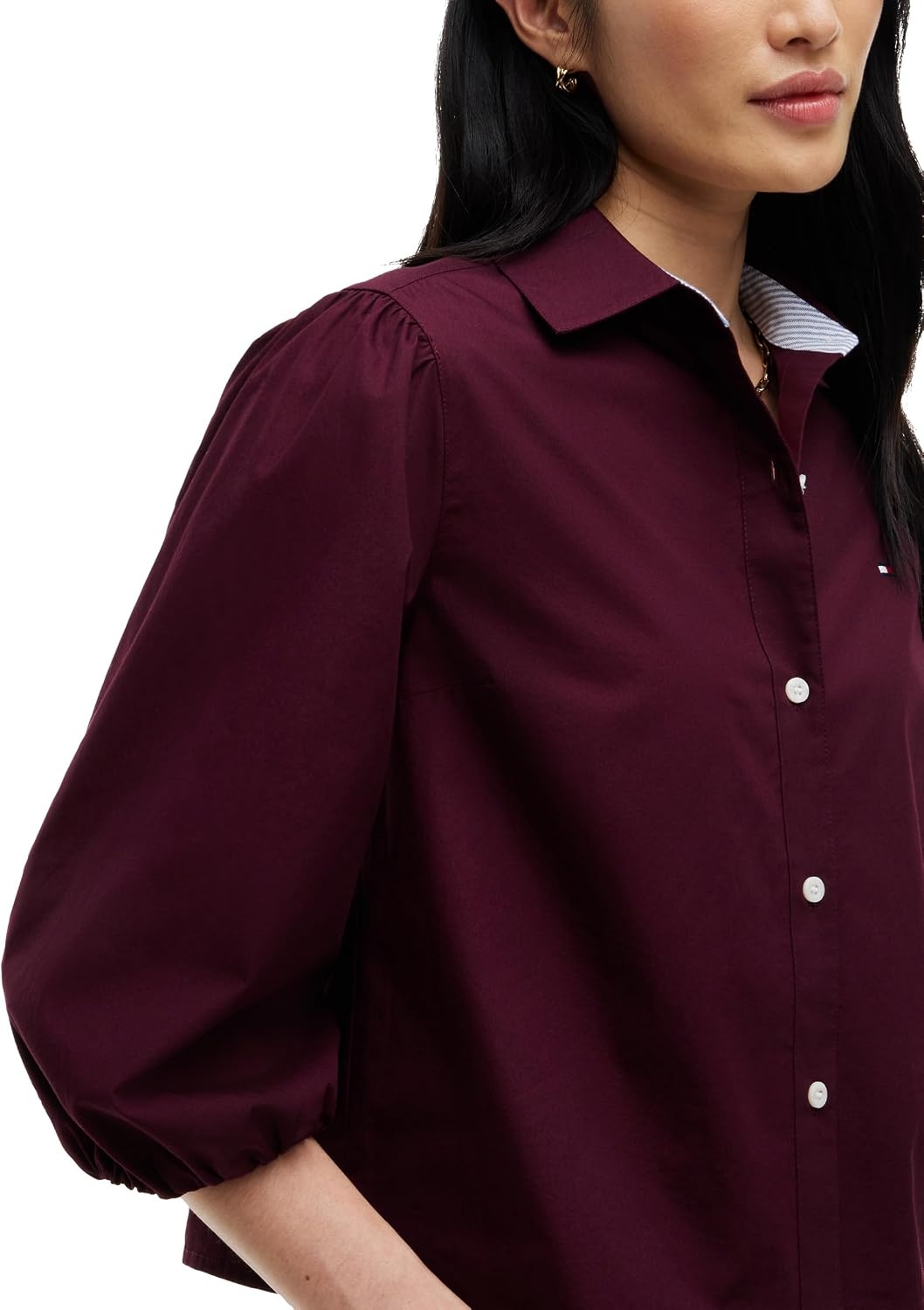 image:imageTommy Hilfiger Womens Cotton Poplin Puff Sleeve Button Down Shirt in Regular FitDeep Burgundy