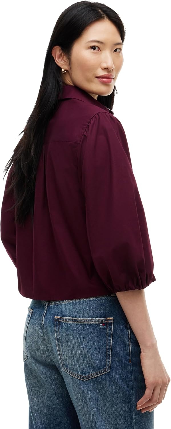 image:imageTommy Hilfiger Womens Cotton Poplin Puff Sleeve Button Down Shirt in Regular FitDeep Burgundy
