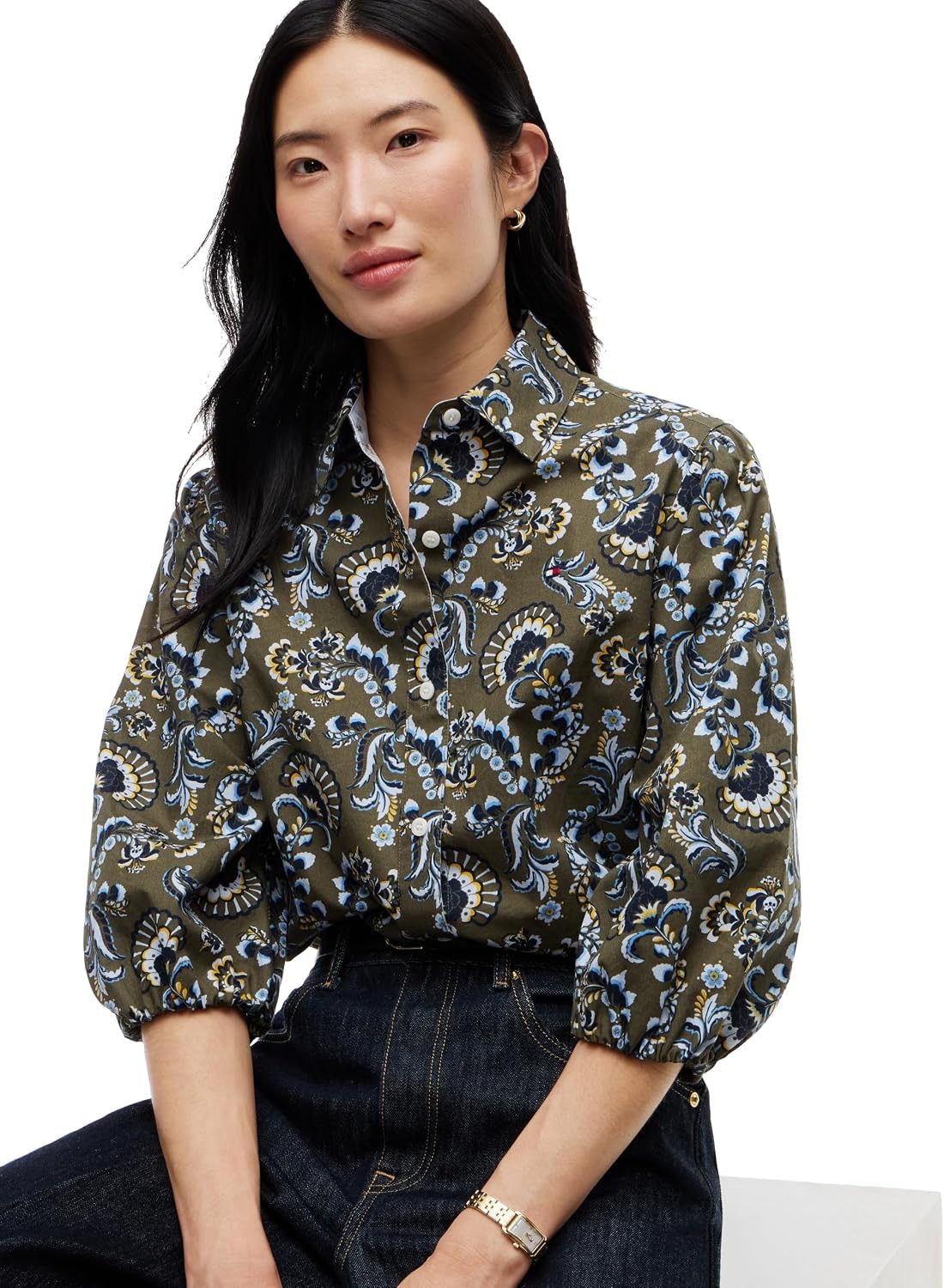 image:imageTommy Hilfiger Womens Cotton Poplin Puff Sleeve Button Down Shirt in Regular FitExpressive Floral Multi