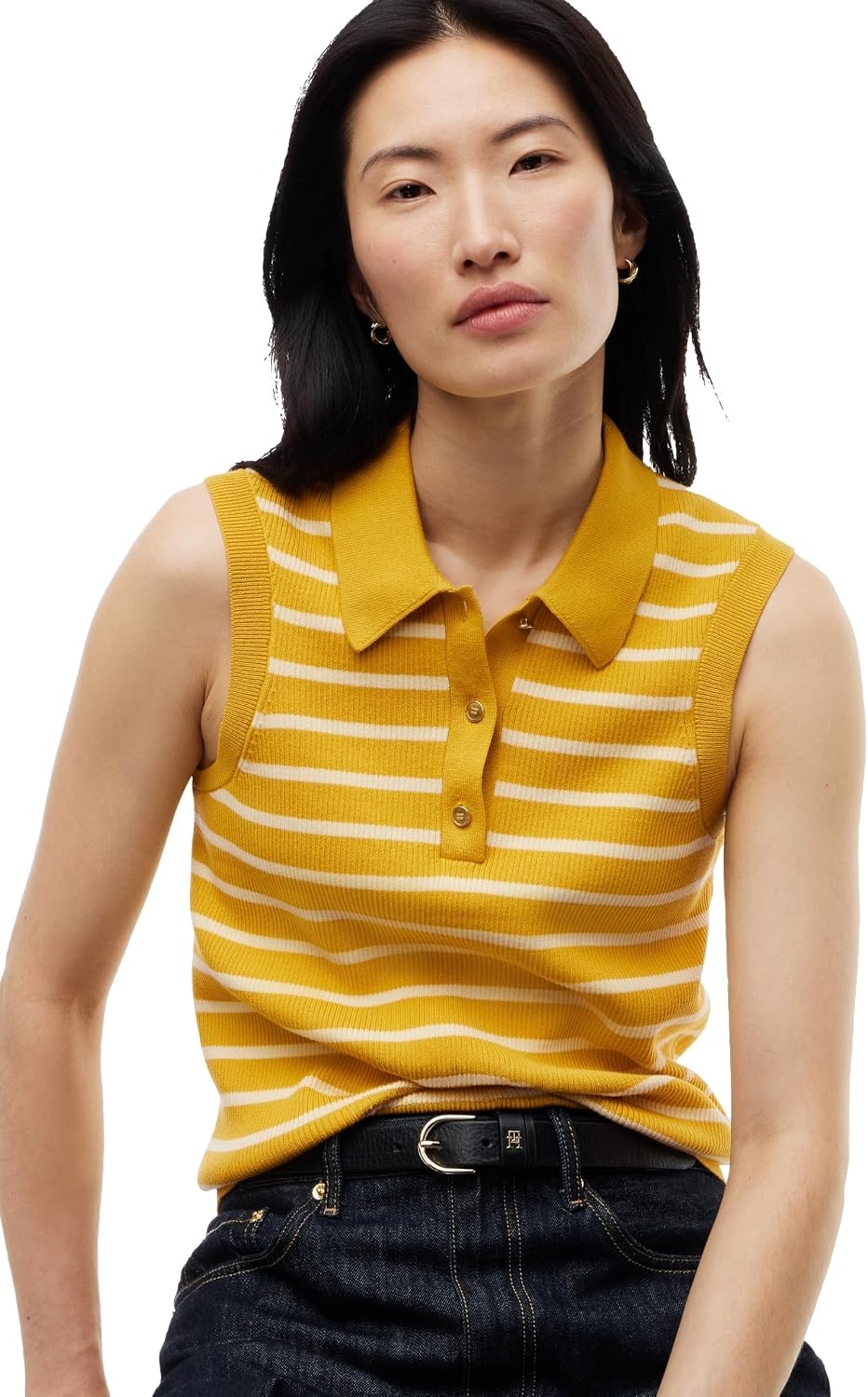 image:imageTommy Hilfiger Womens Cotton Sleeveless Button Down Polo Shirt in Slim FitBreton Stripe Ornamental Yellow Frozen Cust