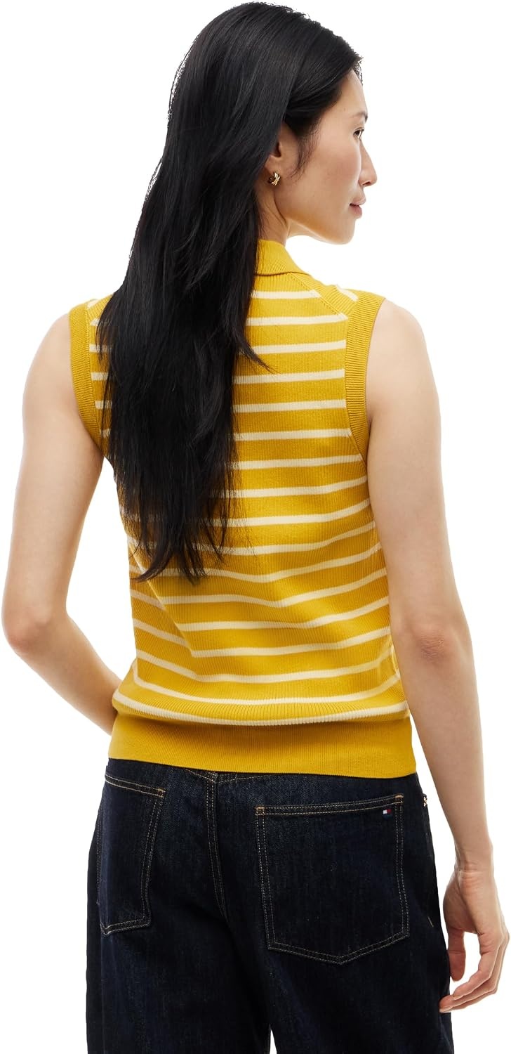 image:imageTommy Hilfiger Womens Cotton Sleeveless Button Down Polo Shirt in Slim FitBreton Stripe Ornamental Yellow Frozen Cust