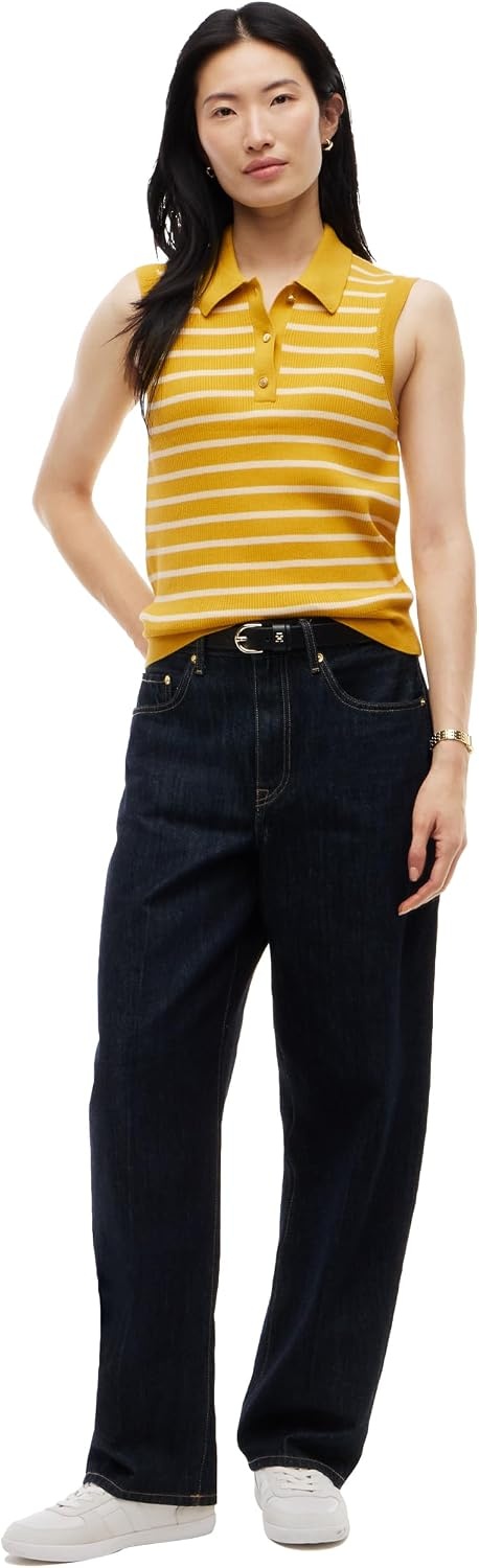 image:imageTommy Hilfiger Womens Cotton Sleeveless Button Down Polo Shirt in Slim FitBreton Stripe Ornamental Yellow Frozen Cust
