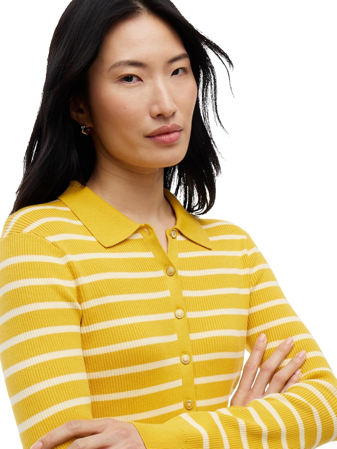 image:imageTommy Hilfiger Womens Lightweight Long Sleeve Cotton Cardigan Polo SweaterBreton Stripe Ornamental Yellow Frozen Cust