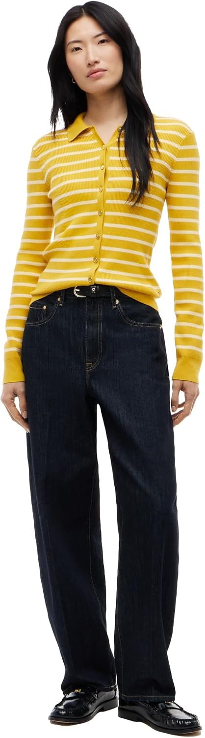 image:imageTommy Hilfiger Womens Lightweight Long Sleeve Cotton Cardigan Polo SweaterBreton Stripe Ornamental Yellow Frozen Cust