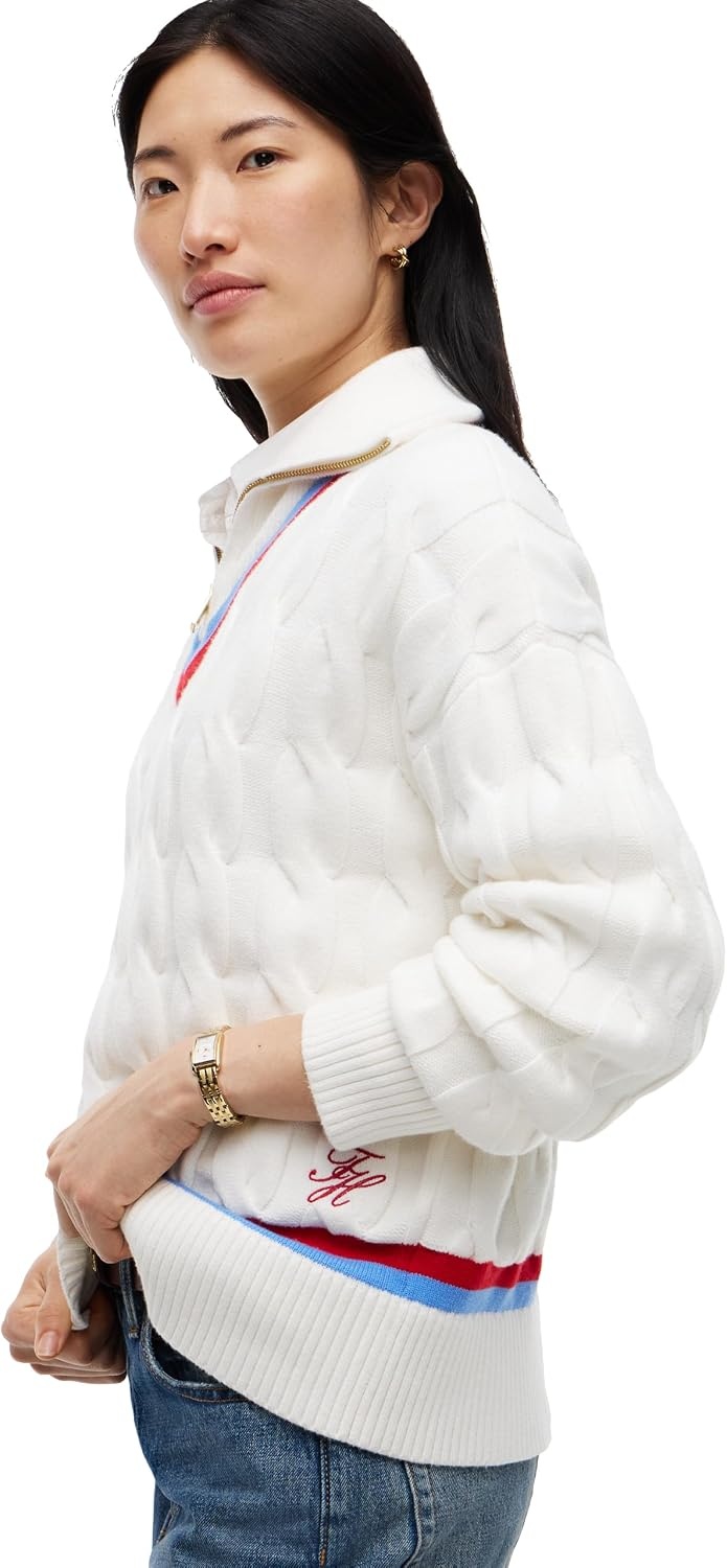 image:imageTommy Hilfiger Womens Long Sleeve 12 Zip Cable Knit Sweater PulloverEcru