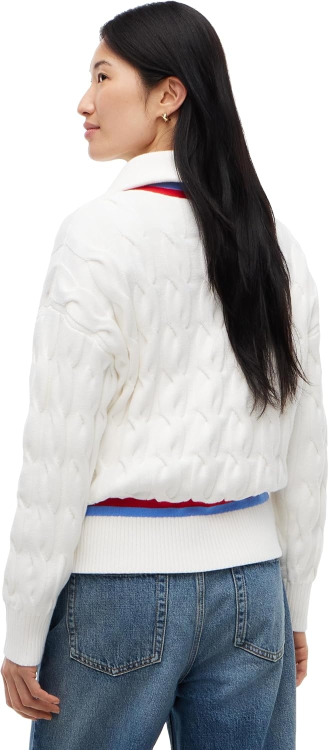 image:imageTommy Hilfiger Womens Long Sleeve 12 Zip Cable Knit Sweater PulloverEcru