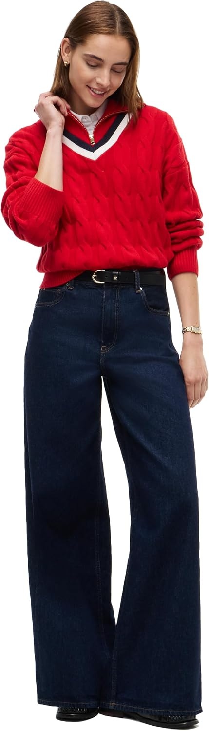 image:imageTommy Hilfiger Womens Long Sleeve 12 Zip Cable Knit Sweater PulloverRed