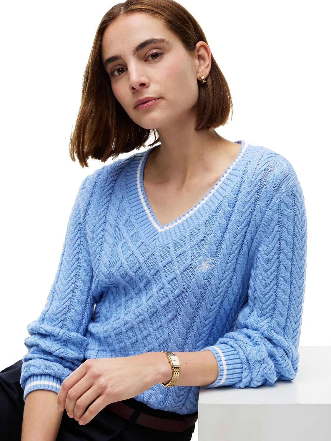 image:imageTommy Hilfiger Womens Long Sleeve Cable Knit VNeck Pullover SweaterCloudy Blue