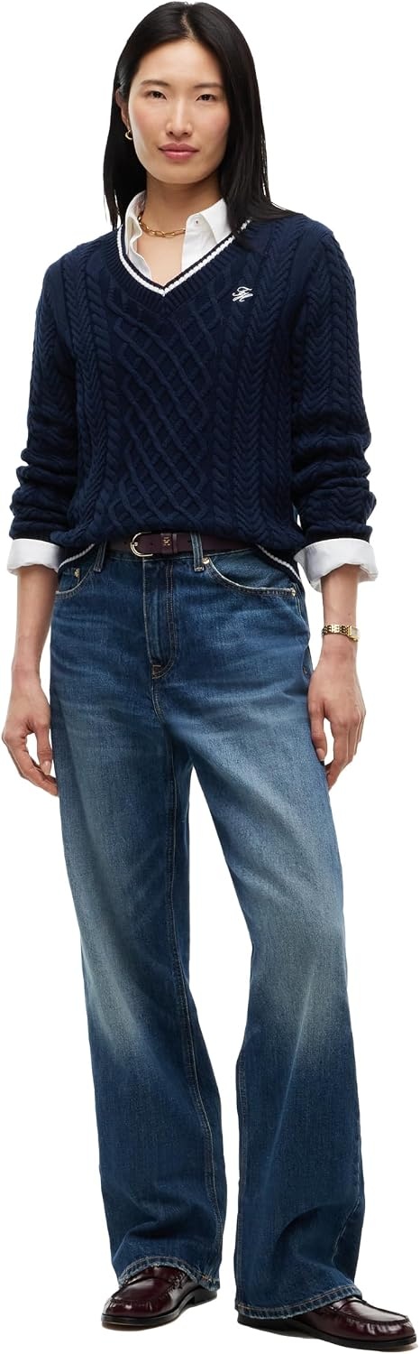 image:imageTommy Hilfiger Womens Long Sleeve Cable Knit VNeck Pullover SweaterDark Blue