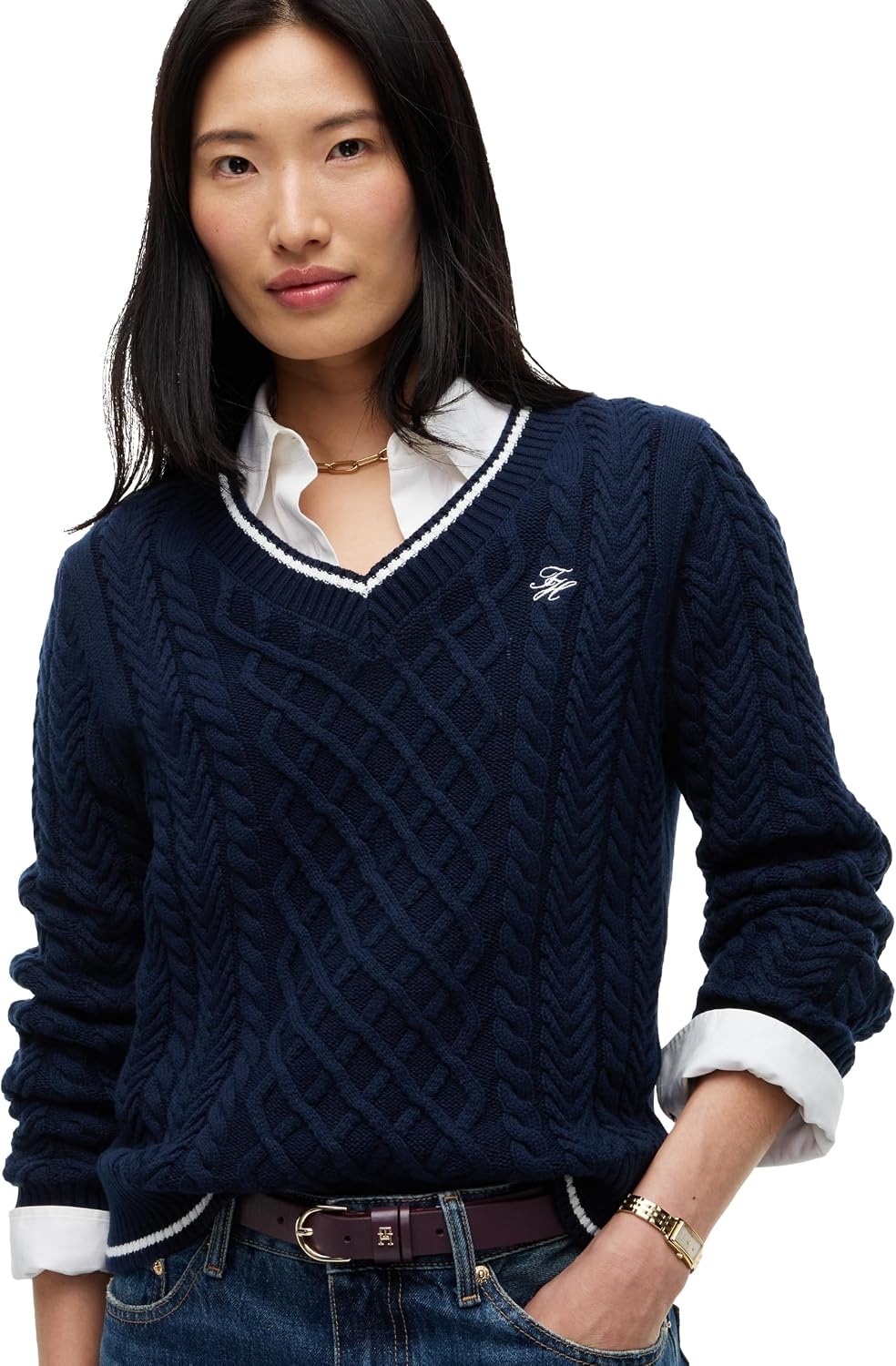 image:imageTommy Hilfiger Womens Long Sleeve Cable Knit VNeck Pullover SweaterDark Blue