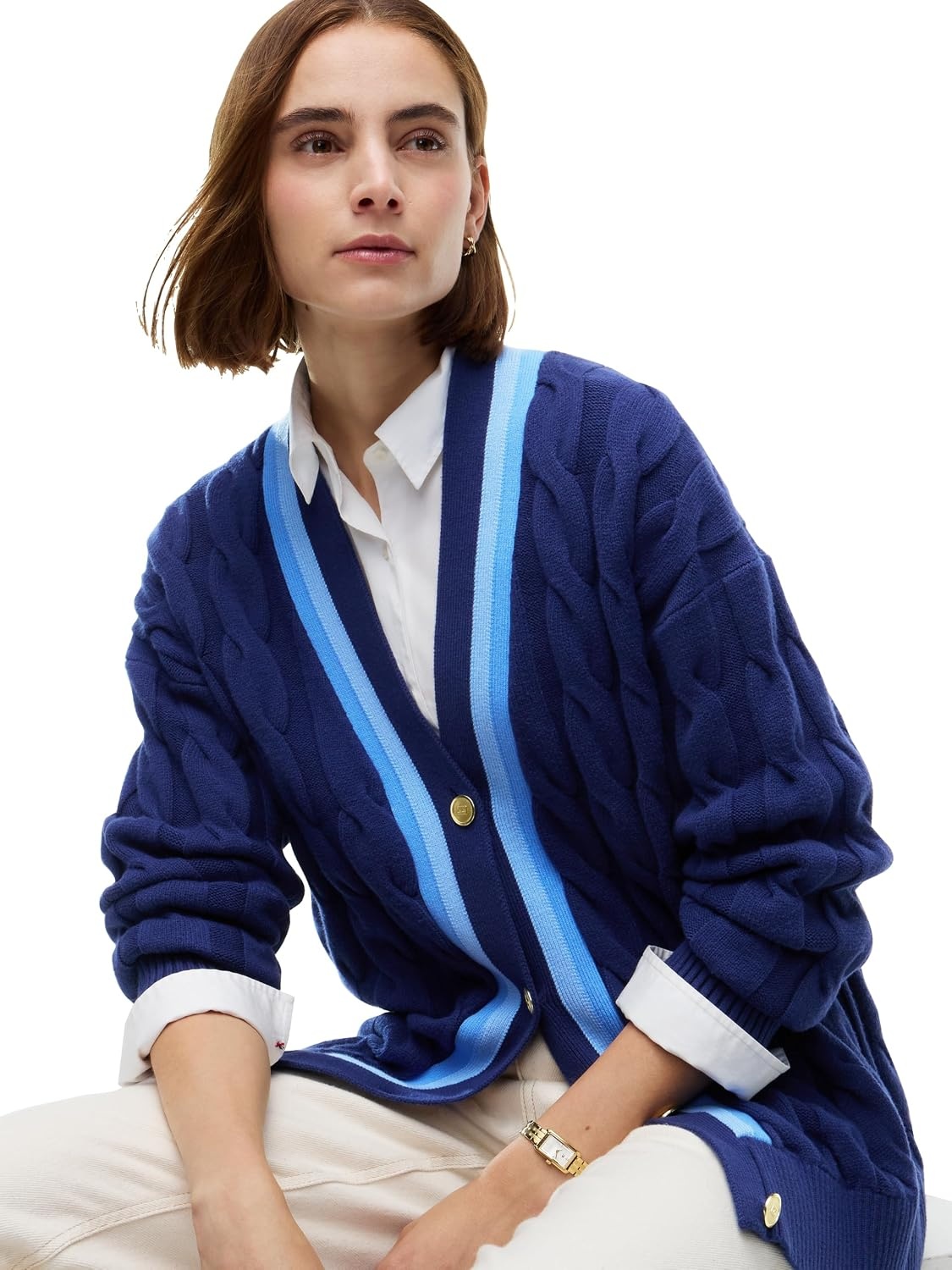 image:imageTommy Hilfiger Womens Long Sleeve Cotton Cable Cardigan SweaterBlue Ink