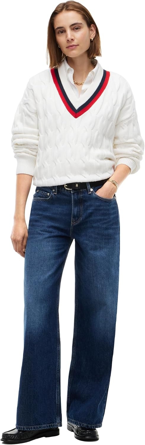 image:imageTommy Hilfiger Womens Long Sleeve Cotton Cable VNeck Sweater PulloverEcru