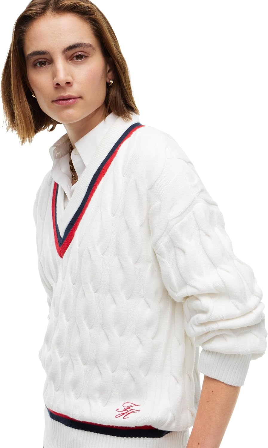 image:imageTommy Hilfiger Womens Long Sleeve Cotton Cable VNeck Sweater PulloverEcru