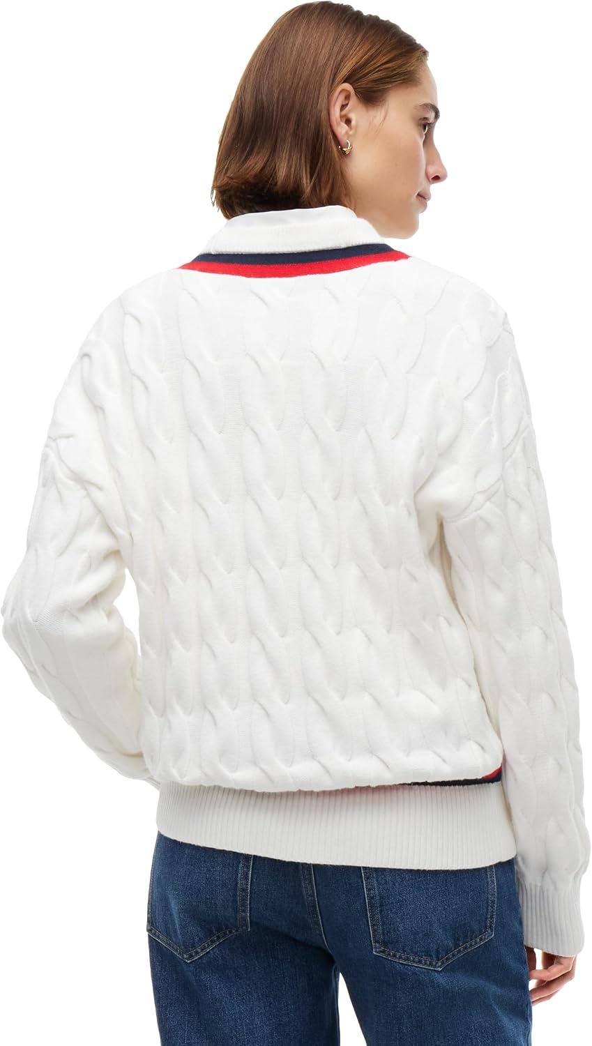 image:imageTommy Hilfiger Womens Long Sleeve Cotton Cable VNeck Sweater PulloverEcru