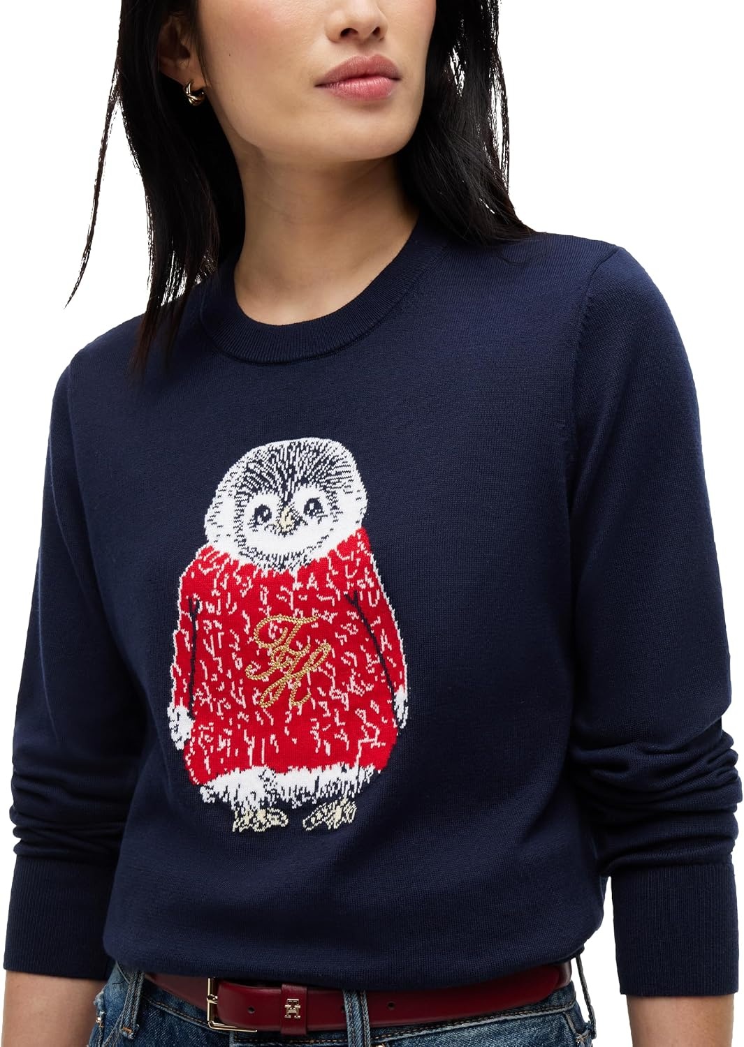 image:imageTommy Hilfiger Womens Long Sleeve Cotton Crewneck Graphic Sweater PulloverDark Blue Baby Penguin