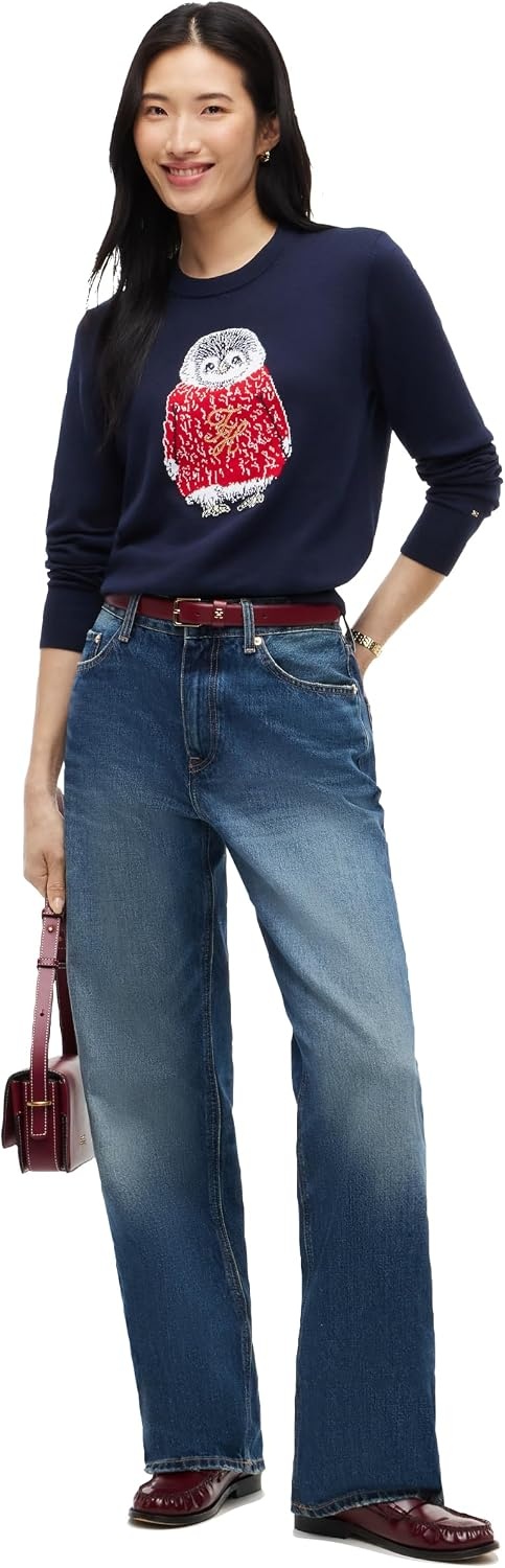 image:imageTommy Hilfiger Womens Long Sleeve Cotton Crewneck Graphic Sweater PulloverDark Blue Baby Penguin