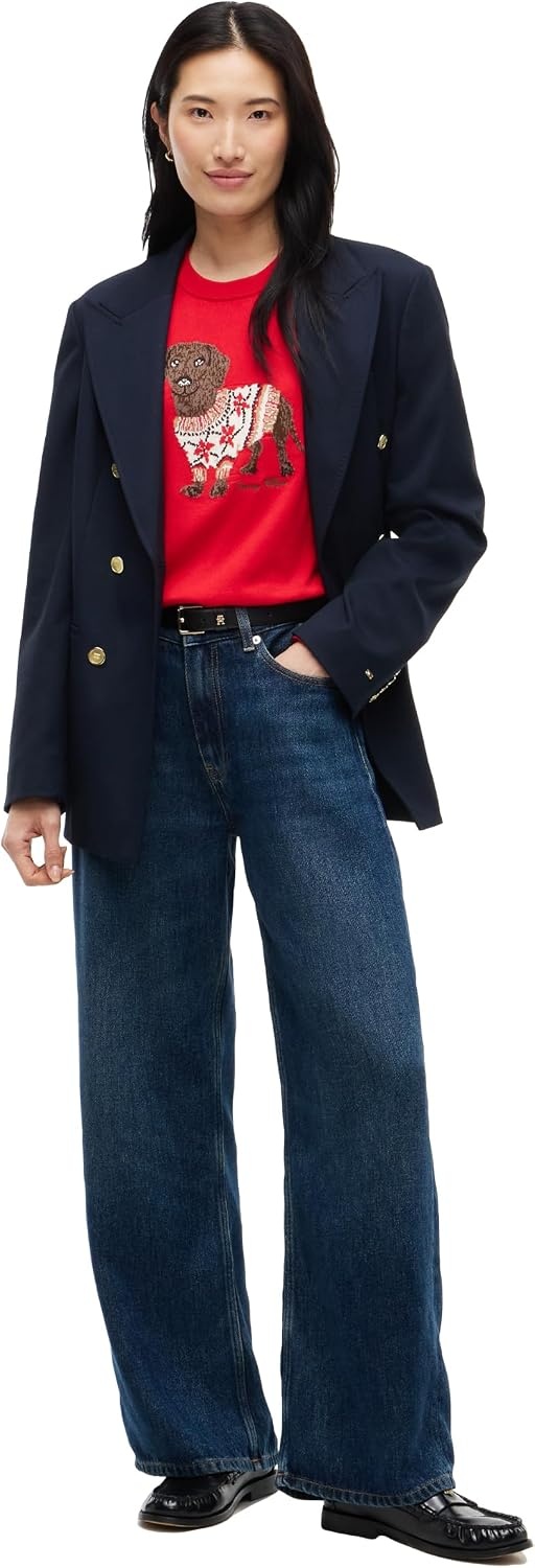 image:imageTommy Hilfiger Womens Long Sleeve Cotton Crewneck Graphic Sweater PulloverRed Fairisle Dog