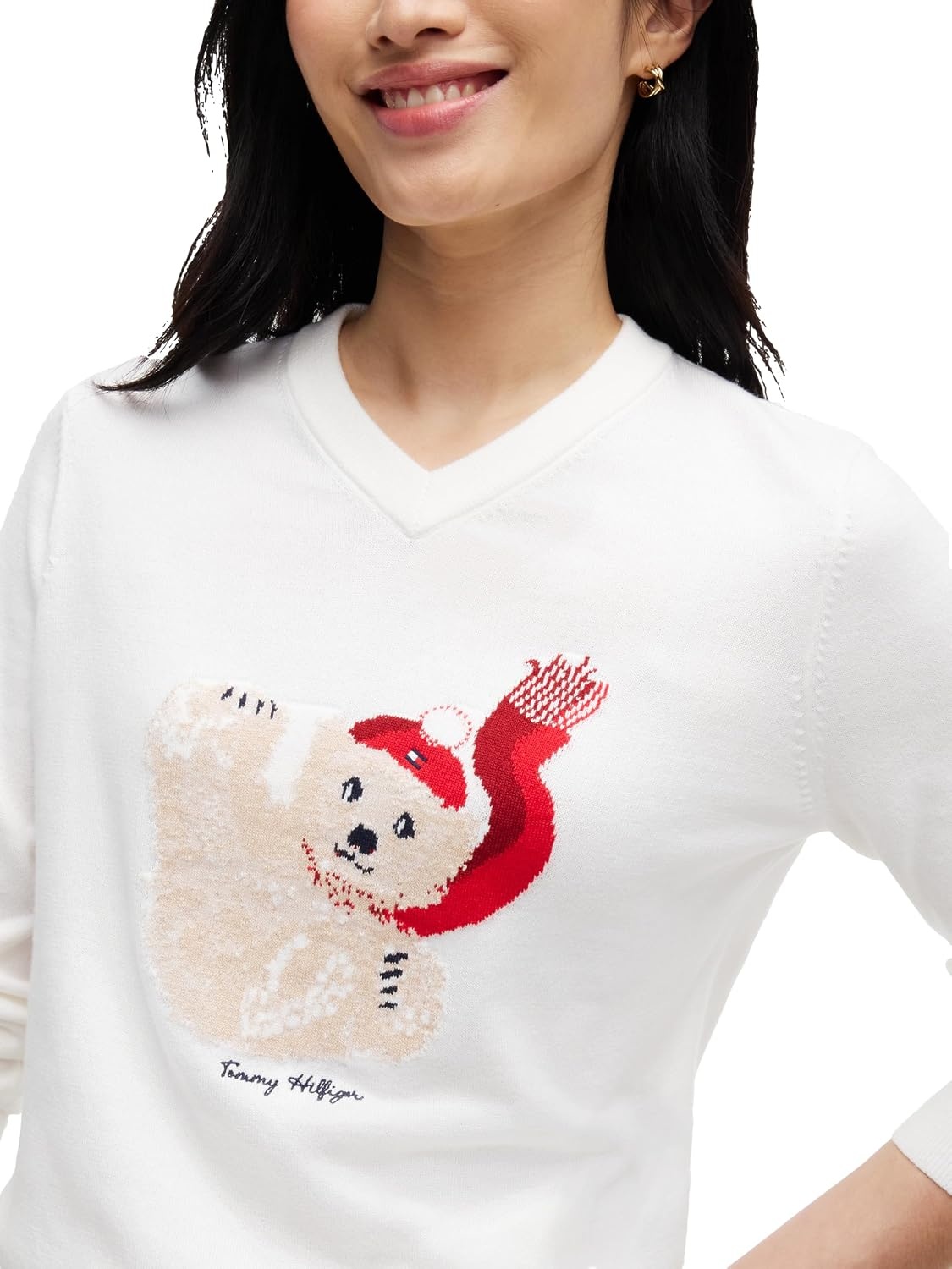 image:imageTommy Hilfiger Womens Long Sleeve Cotton VNeck Graphic Sweater PulloverEcru Falling Bear