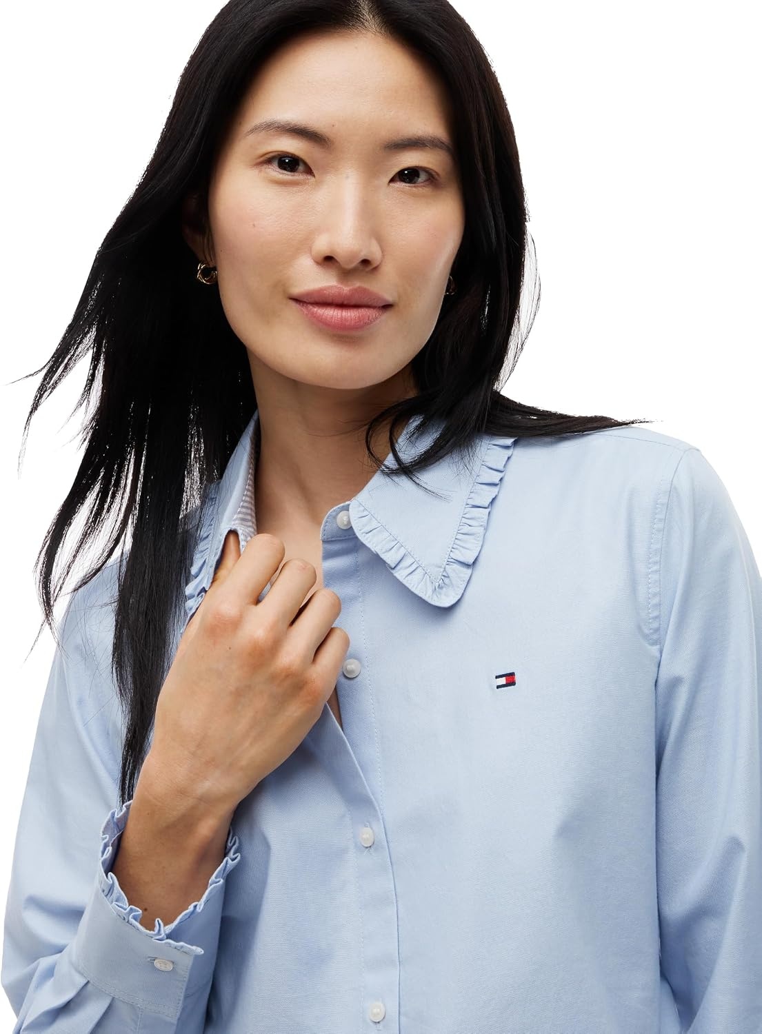 image:imageTommy Hilfiger Womens Long Sleeve Cropped Cotton Oxford Shirts with StretchCloudy Blue